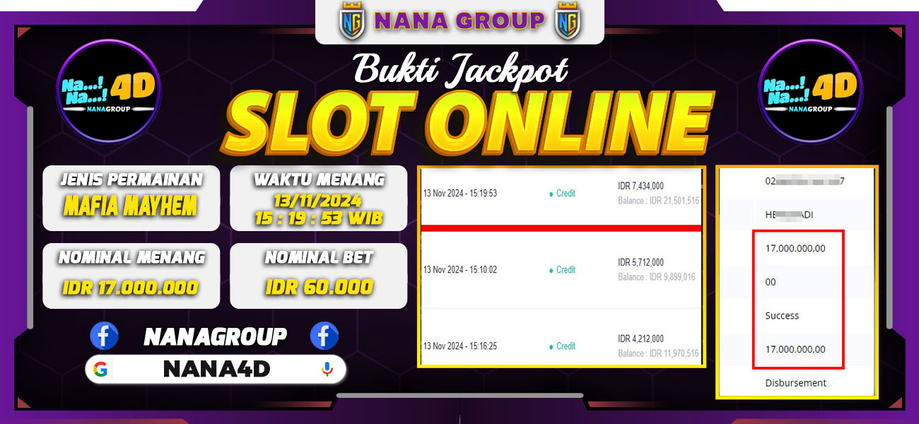 Bukti Kemenangan Besar Dibayar lunas Member NANA4D RP 17.000.000, 13 November 2024