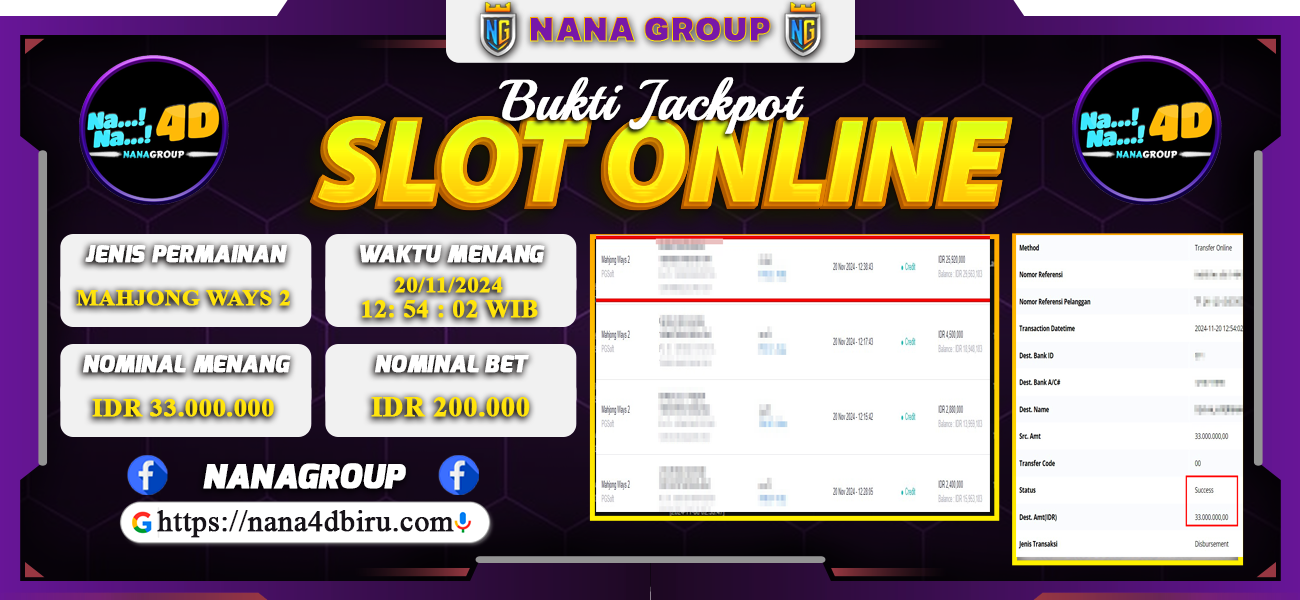 Bukti Kemenangan Besar Dibayar lunas Member NANA4D RP 33.000.000, 20 November 2024