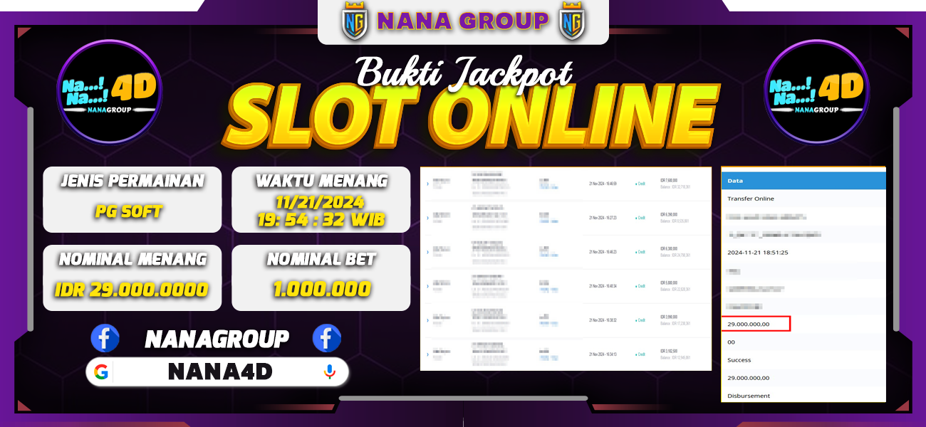 Bukti Kemenangan Besar Dibayar lunas Member NANA4D RP 29.000.000, 21 November 2024