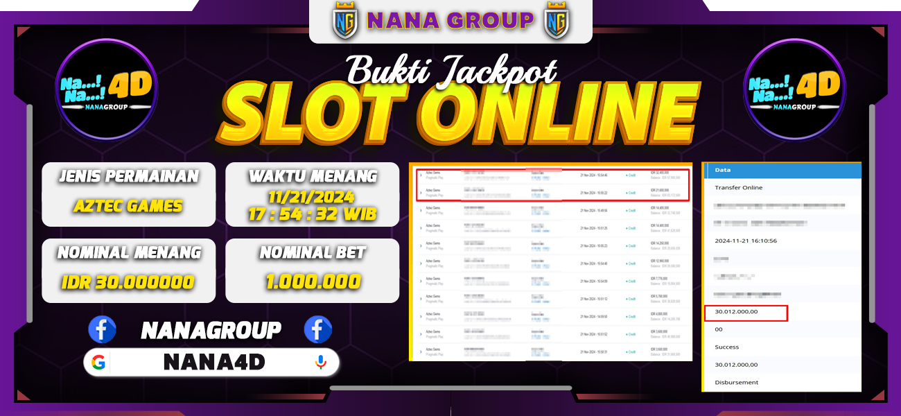 Bukti Kemenangan Besar Dibayar lunas Member NANA4D RP 30.000.000, 21 November 2024